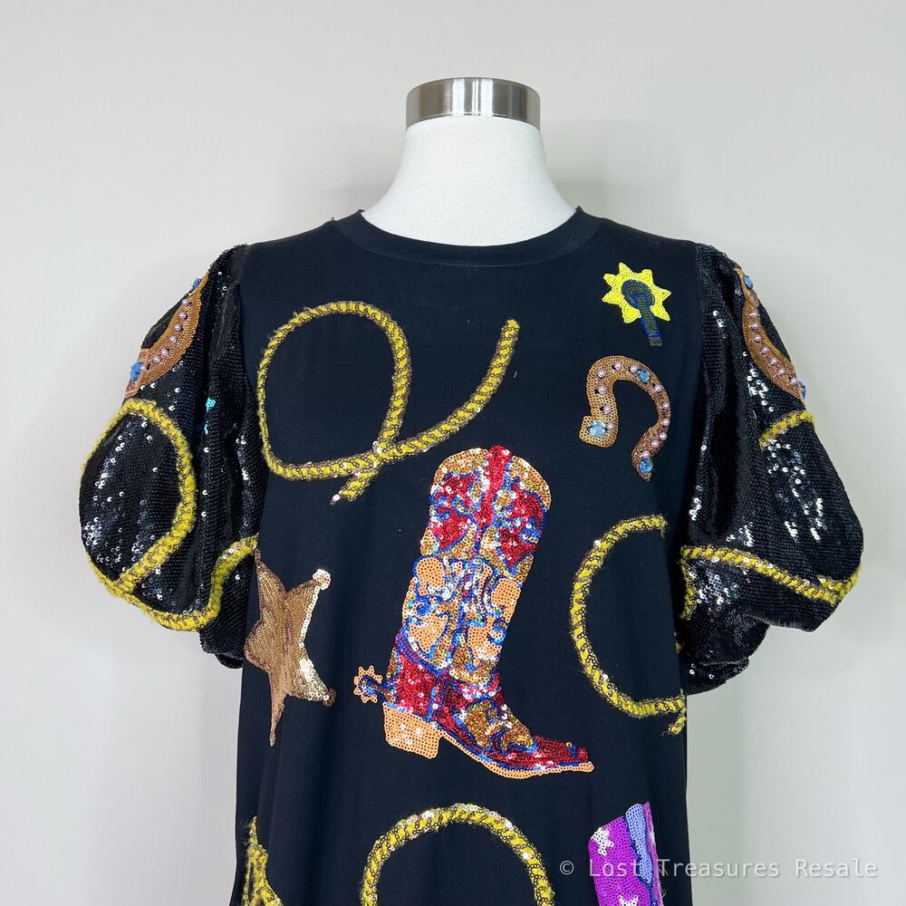 Queen of Sparkles | Cowgirl Western Rodeo Black Sequin Puff Sleeve Mini Dress L - Picture 3 of 12